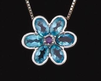 Ladies LeGi Italian Gold, Blue Topaz and Amethyst Pendant on Chain 