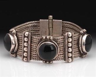 Ladies Ottoman Empire Style Sterling Silver and Black Onyx Bracelet 