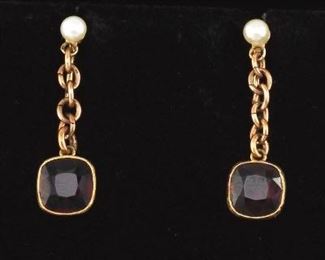 Ladies Pair of Antique English Gold, Garnet and Seed Pearl Earrings 