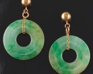 Ladies Pair of Gold and Carved Jadeite Jade Bi Disc Earrings 