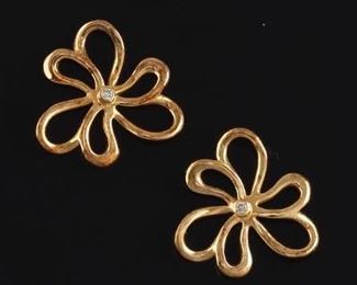 Ladies Pair of Gold and Diamond Floral Earrings 
