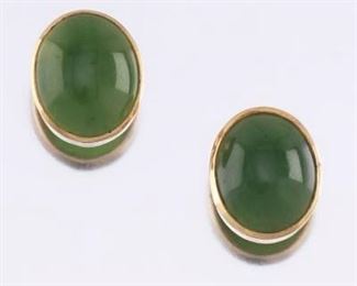 Ladies Pair of Gold and Jade Nephrite Earrings Studs 