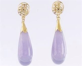 Ladies Pair of Gold and Lavender Jade Drop Earrings 