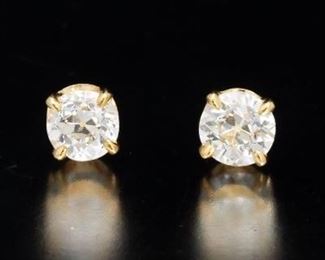 Ladies Pair of Gold and Old Euro Cut Diamond Ear Studs 