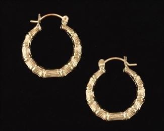 Ladies Pair of Gold Bamboo Style Hoops 