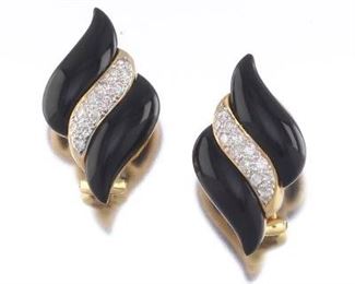 Ladies Pair of Gold, Black Onyx and Diamond Ear Clips 