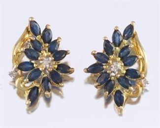 Ladies Pair of Gold, Blue Sapphire and Diamond Earrings 