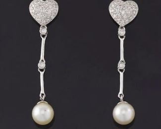 Ladies Pair of Gold, Diamond and Pearl Drop Earrings 
