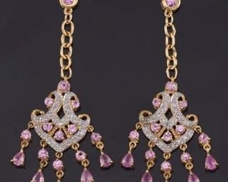 Ladies Pair of Gold, Diamond and Pink Gem Stones Chandelier Earrings 