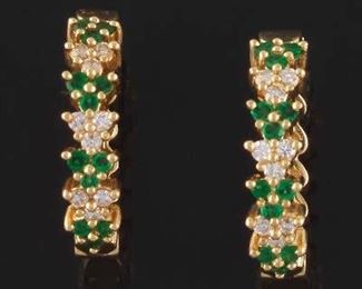 Ladies Pair of Gold, Emerald and Diamond Hoops 
