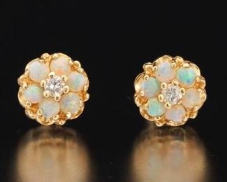 Ladies Pair of Gold, Opal and Diamond Ear Studs 