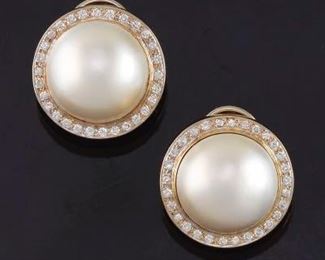 Ladies Pair of Gold, Mabe Pearl and Diamond Earrings 