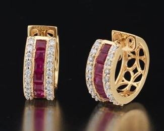 Ladies Pair of Gold, Ruby and Diamond Hoops 