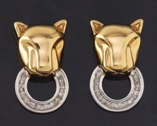 Ladies Pair of Gold, Sterling and Diamond Cartier Panther Style Earrings 