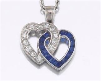 Ladies Platinum Double Heart Pendant, Signed Cartier, on Gold Chain 