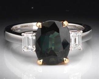 Ladies Platinum, Gold, Green Sapphire and Diamond Ring 