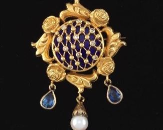 Ladies Retro Gold, Enamel, Blue Sapphire, Pearl and Diamond Pin Brooch 