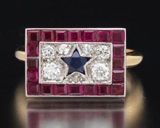 Ladies Retro Platinum, Gold, Ruby, Blue Sapphire and Diamond Patriotic Ring 