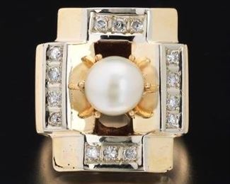 Ladies Retro Style Gold, Diamond and Pearl Ring 