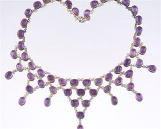 Ladies Sterling Silver and Amethyst Bib Chain Necklace 