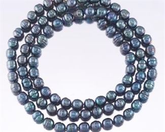 Ladies Sterling Silver and Baroque Style Black Pearls Rope Necklace 