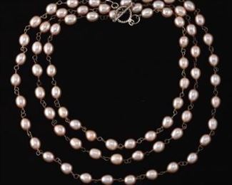 Ladies Sterling Silver and Renaissance Blush Pearl Rope Necklace 