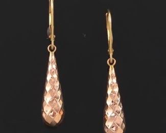 Ladies TwoTone Gold Diamond Cut Drop Earrings 