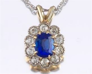 Ladies TwoTone Gold, Blue Sapphire and Diamond Pendant on Gold Chain 