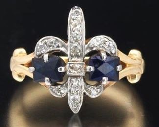 Ladies TwoTone Gold, Lab Grown Blue sapphire and Diamond FleurdeLys Ring 