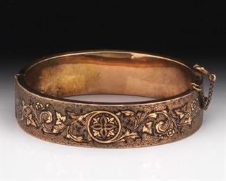 Ladies Victorian Gold Filled and Enamelled Hand Chased Bangle 