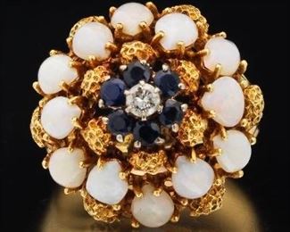 Ladies Victorian Gold, Opal, Blue Sapphire and Diamond Princess Ring