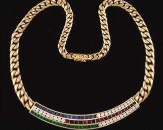 Ladies Vintage Gold, Diamond, Ruby, Blue Sapphire and Emerald Necklace 