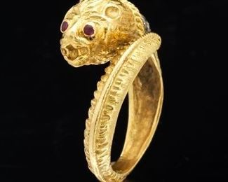 Ladies Vintage Gold, Diamond and Ruby Lion Bypass Ring 