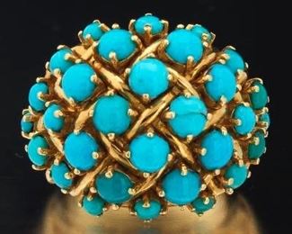 Ladies Vintage Italian Gold and Turquoise Dome Ring 