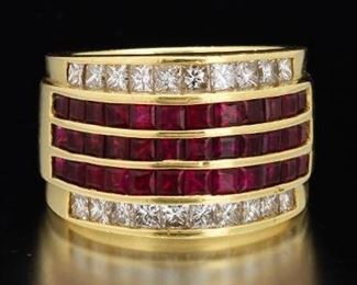 Ladies Vintage Impressive Gold, Ruby and Diamond Wide Band 