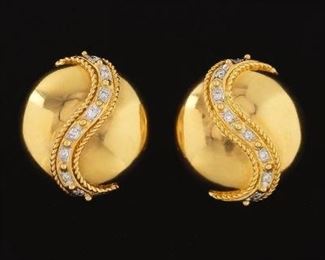 Ladies Vintage Pair of Gold and Diamond Ear Clips 