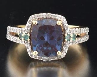 Ladies Gold, Lab Grown Alexandrite and Diamond Ring 