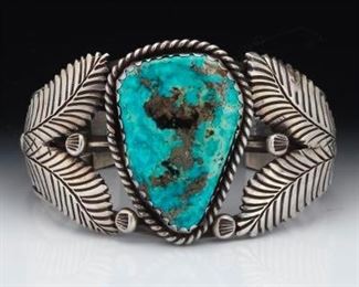 Large Navjo Style Silver and Turquoise Cuff Bracelet 