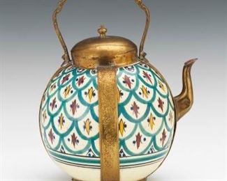 Moroccan Antique Safi Glazed Ceramic and Gilt Metal Large Teapot by Ahmmoumi