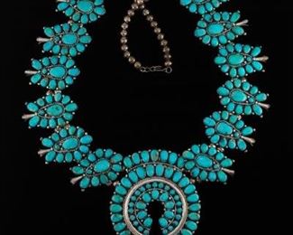 Native American Navajo Sterling Silver and Turquoise Squash Blossom Necklace