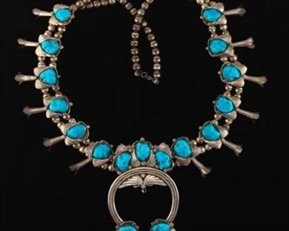 Native American Navajo Sterling Silver and Turquoise Squash Blossom Necklace 