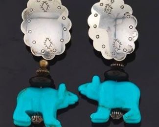 Native American Pair of Sterling Silver, Black Onyx and Carved Turquoise Bear Earrings 