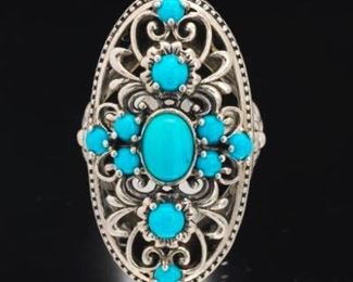 Native American Style Sterling and Turquoise Open Work Ring 