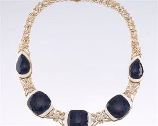 Natural Unheated Sapphire, Enamel, and Diamond Necklace, GIA, and AIGL Report 