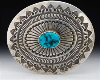 Navajo Style Sterling Silver and Turquoise Belt Buckle, Signed M