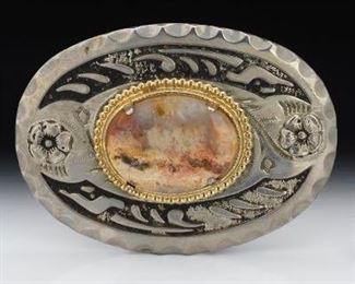 Oversized Silver Belt Buckle with Agate Cabochon 