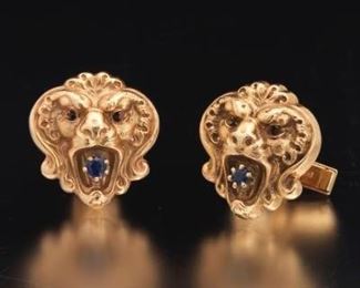 Pair of Antique Gold, Blue Sapphire and Ruby Lion Head Cufflinks 
