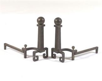 Pair of Arts and Crafts Hammered Brass Andirons