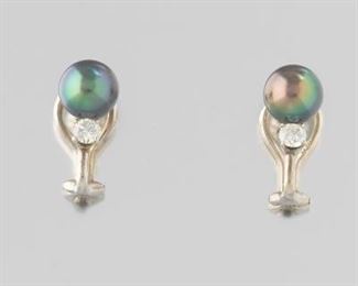 Pair of Black Pearl and Diamond Earrings 