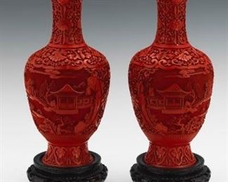 Pair of Chinese Carved Cinnabar Vases on Wood Stands 